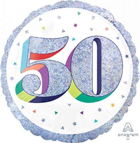 Holographic 45cm foil balloon for 50th birthdays, featuring vibrant design and self-sealing for festive celebrations.