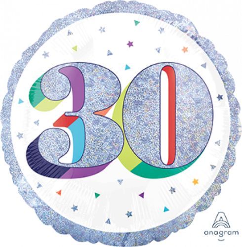 45cm holographic foil balloon featuring "Here's to Your Birthday 30" for vibrant birthday celebrations.