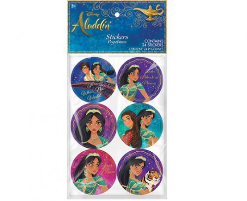 Colorful Aladdin-themed stickers featuring characters like Aladdin, Jasmine, and the Genie, perfect for crafts and decorations.