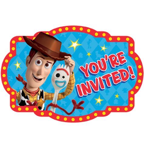 Toy Story 4 vibrant postcards featuring Woody, Buzz, and Forky for inviting friends to themed birthday parties. Pack of 8.