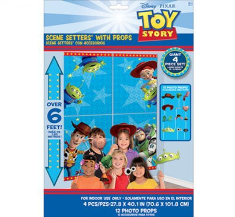 Toy Story 4 Scene Setter and Props featuring vibrant backdrops and fun character cutouts for festive birthday parties.