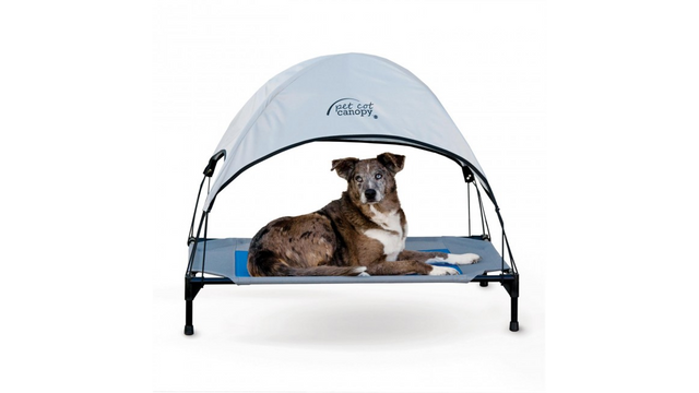 K&H Pet Cot Canopy in grey for large dogs, providing shade and comfort, easily attaches to raised dog beds.