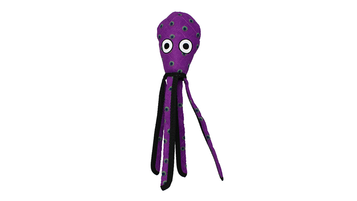 Durable purple squid dog toy from Tuffy Sea Creatures, perfect for tough chewers and playful, safe fun.