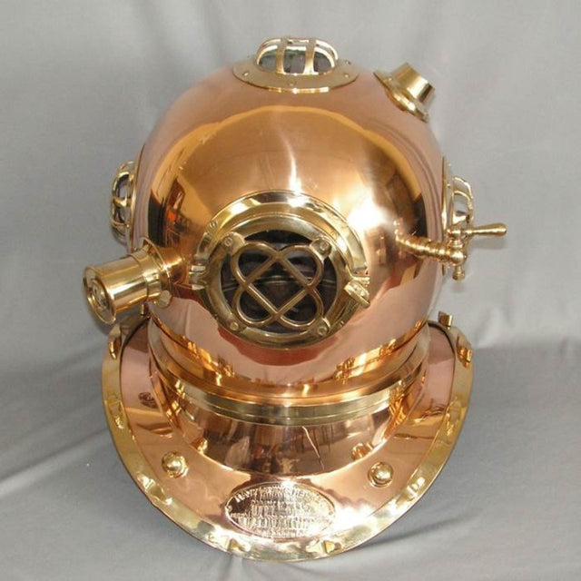 Vintage Brass & Copper Divers Helmet replica, 48x48x52cm, showcasing intricate details and nautical charm for home decor.