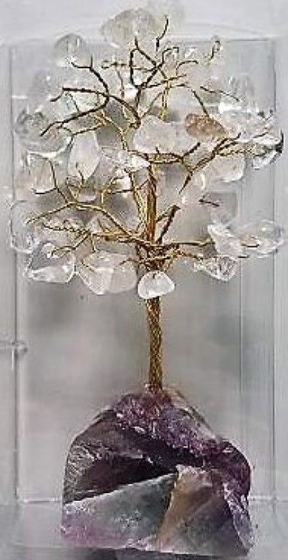 Gemstone tree with clear quartz crystals, 10 cm tall, set on a crystal base, symbolizing abundance and positive energy.