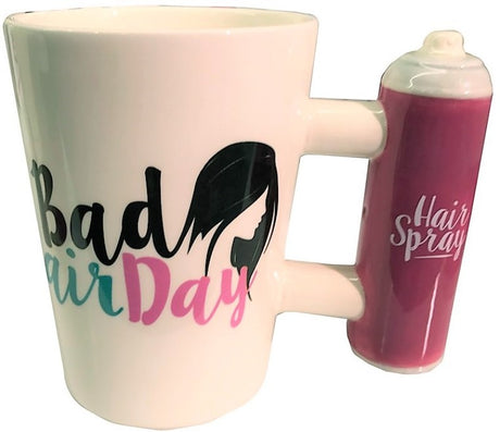 Ceramic mug with "Bad Hair Day" design and hair spray graphic, perfect for coffee or tea, 11 oz capacity.