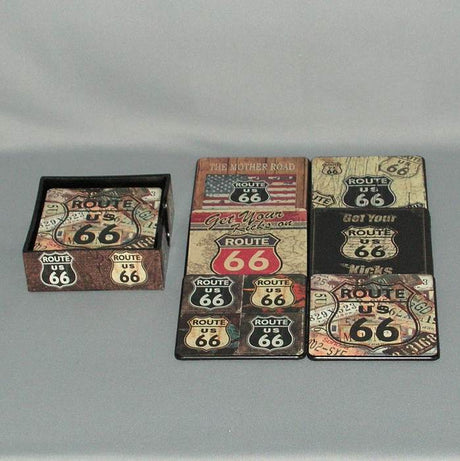 Set of 6 Route 66 coasters made of cork and vinyl, measuring 11 x 11 x 4 cm, includes display case.