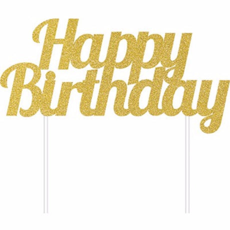 Gold glittered birthday cake topper, 15cm x 18cm, designed for elegant celebrations and memorable cake photos.