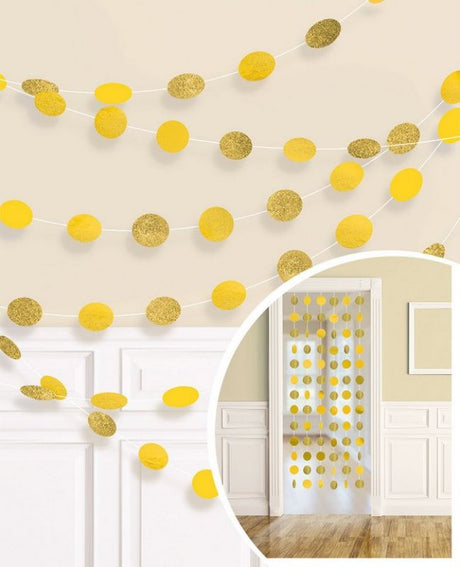 Bright yellow glitter string decorations shaped like sunshines, perfect for joyful celebrations and event decor. Pack of 6.