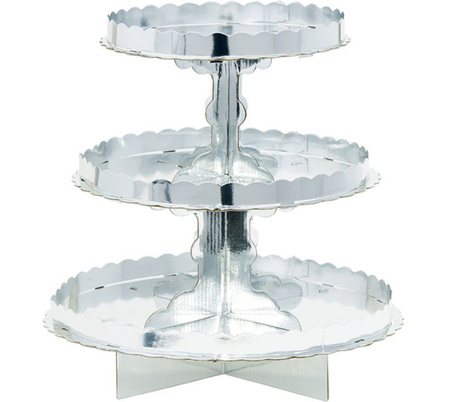 Elegant 3-tier silver cupcake stand, perfect for showcasing desserts at weddings, parties, and events, measuring 11 inches.