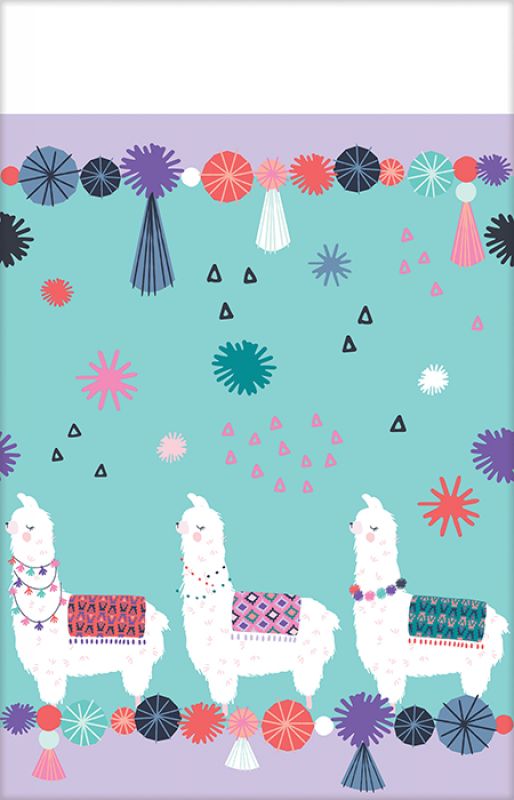 Vibrant Llama Fun Tablecover Paper, 54x96 inches, ideal for kids' parties and easy clean-up with whimsical llama designs.