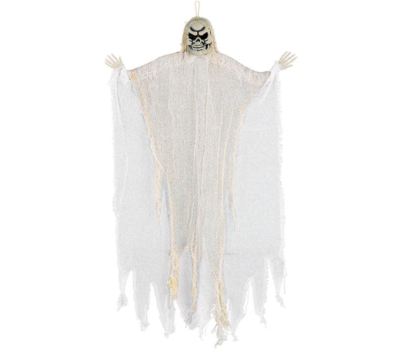 Medium White Reaper hanging prop with flowing fabric and plastic, 61cm tall, perfect for Halloween decor and spooky atmospheres.