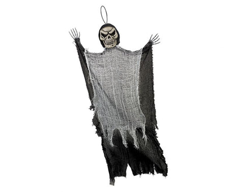 Large black reaper hanging decoration, 1.21m tall, featuring intricate details and a flowing cloak for spooky Halloween ambiance.