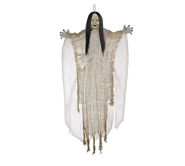 Medium creepy girl hanging decoration made of fabric and plastic, 61cm tall, ideal for Halloween haunted setups.