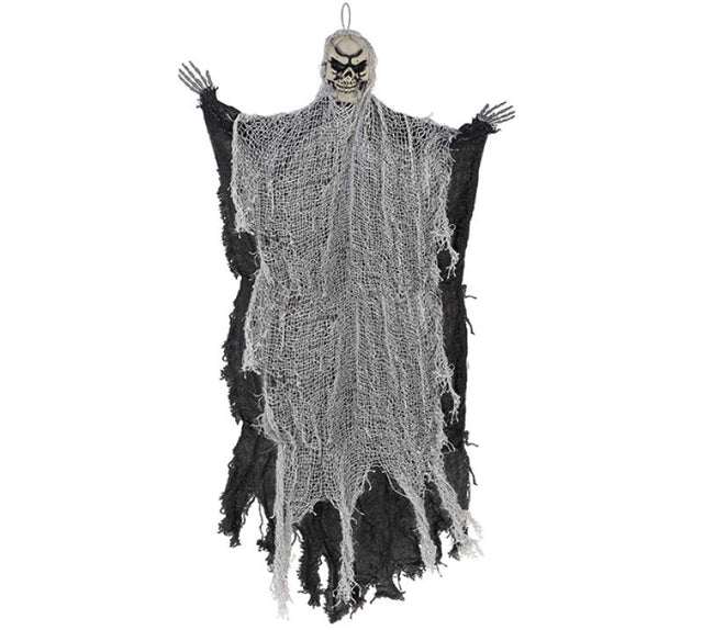 Medium Black Reaper hanging prop, 61cm, features eerie fabric and plastic design for Halloween decorations.