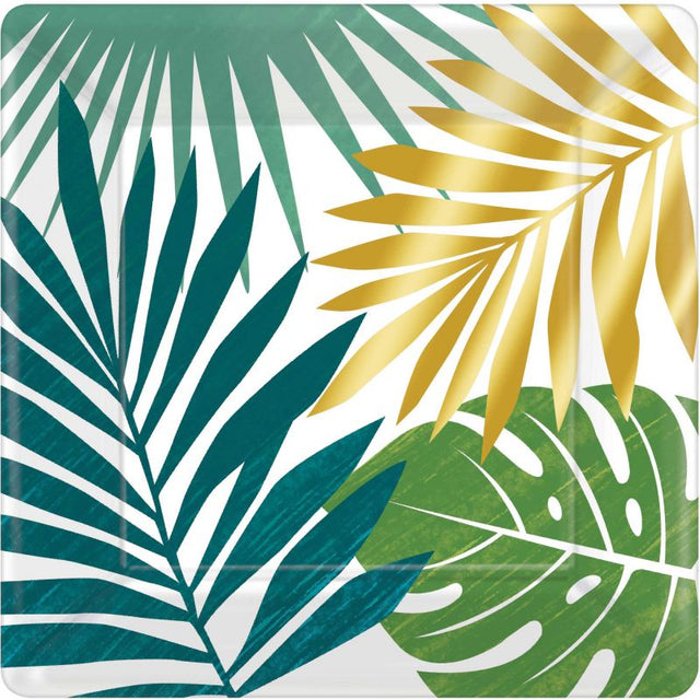 Key West Metallic Square Lunch Plates with palm leaves, 7" size, pack of 8, perfect for tropical-themed dining and parties.