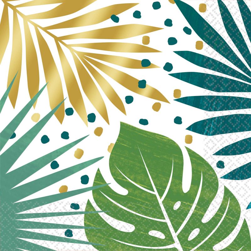 Key West Lunch Napkins featuring palm leaves and foil accents, perfect for tropical-themed gatherings and easy clean-up.