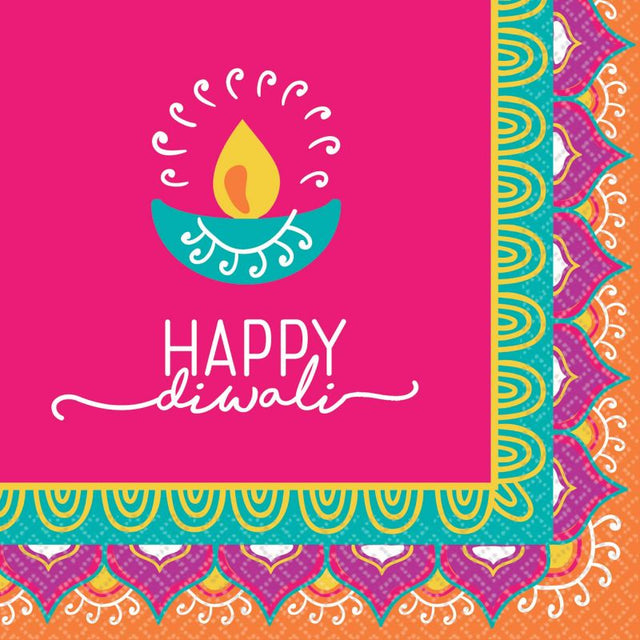 Vibrant pack of 16 Diwali beverage napkins featuring colorful designs, perfect for festive drinks and celebrations.