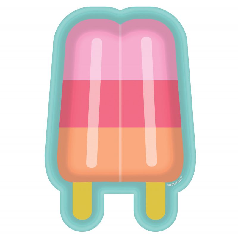 Colorful popsicle-shaped paper lunch plates, 7 inches, pack of 8, perfect for kids' parties and summer picnics.