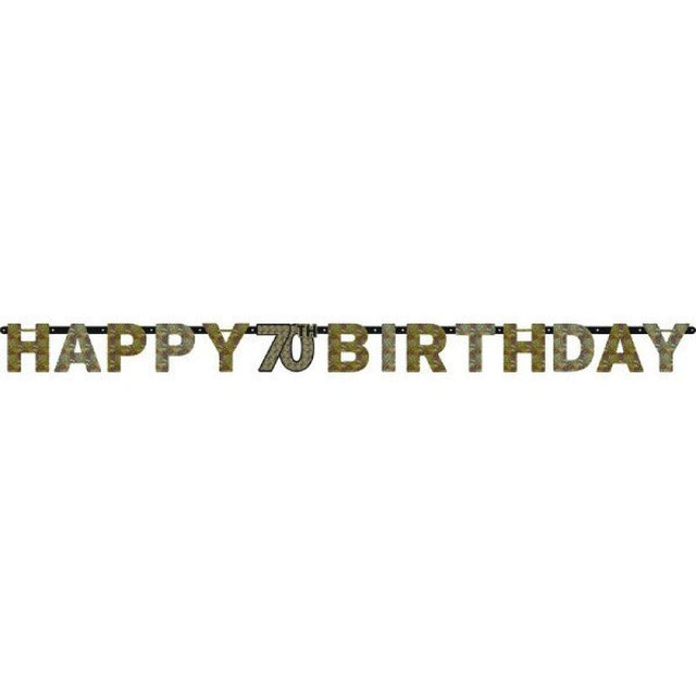 Prismatic banner celebrating a 70th birthday, 17cm x 2.13m, adds sparkle and vibrant color to any party setting.