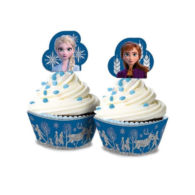 Colorful Frozen 2 cupcake kit featuring glittering liners and character toppers, perfect for themed celebrations and baking fun.