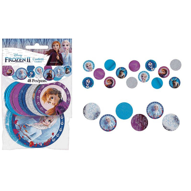 Colorful Frozen 2 confetti circles featuring Anna, Elsa, and Olaf, perfect for themed parties and crafts.