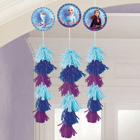 Frozen 2 Dangling Decorations featuring Anna, Elsa, and Olaf, ideal for festive events, measuring 1.9m each. Pack of 3.