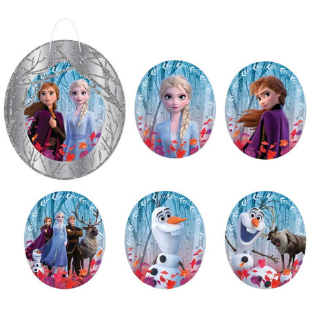 Frozen 2 Decorating Kit with glittered cutouts of Elsa, Anna, and Olaf for magical party decor and memory display.