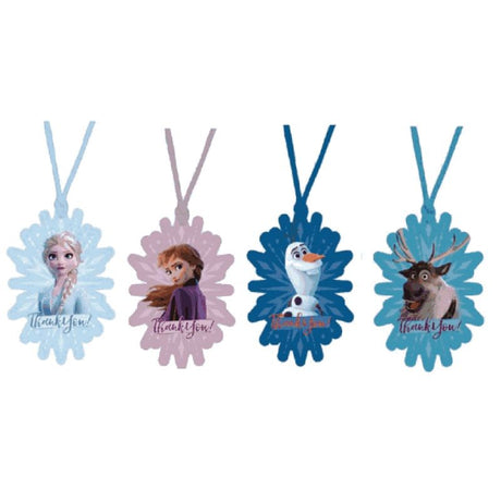 Frozen 2 thank you tags featuring Elsa and Anna; perfect for kids' parties and festive gifts, includes ribbons for easy attachment.