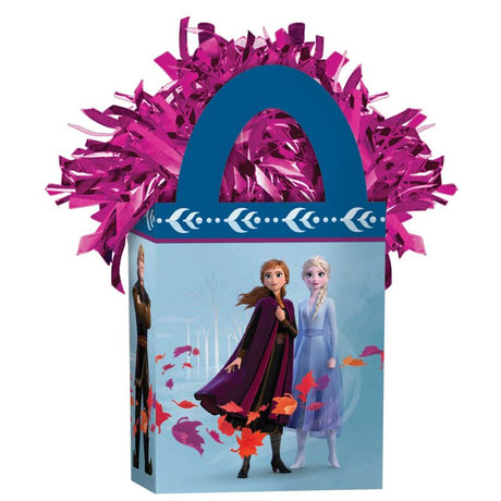 Frozen 2 Balloon Tote Weight featuring beloved characters, perfect for securing helium balloons at themed parties.