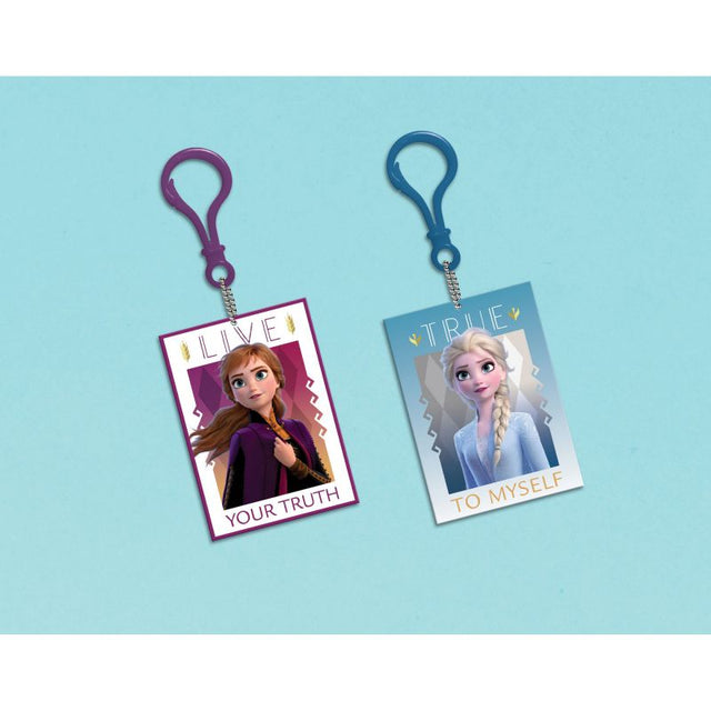 Colorful Frozen 2 keychains featuring Anna, Elsa, and Olaf, perfect for backpacks or as party favors. Pack of 8.