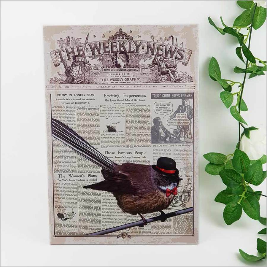 Vintage-inspired Kiwiana wall art featuring a fantail bird, printed on durable material, perfect for indoor and outdoor decor.
