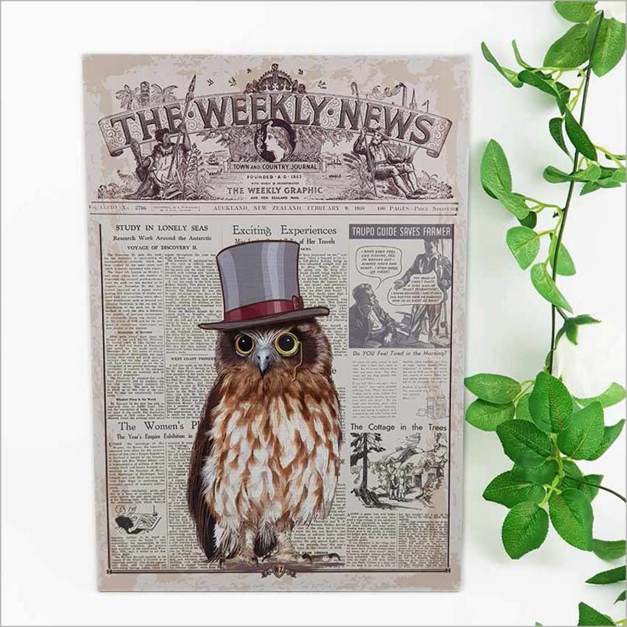Vintage Ruru Morepork wall art showcasing New Zealand wildlife, crafted from durable ACM, perfect for adding Kiwi charm to any space.