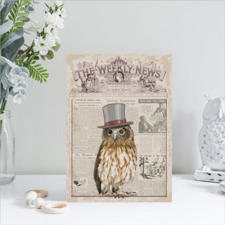 Vintage Kiwiana wall art featuring a Morepork owl, printed on durable aluminum, perfect for indoor or outdoor decor.