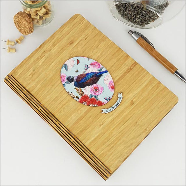 Floral oval design Bamboo Journal, eco-friendly with 120 pages, perfect for writing, sketching, or journaling.