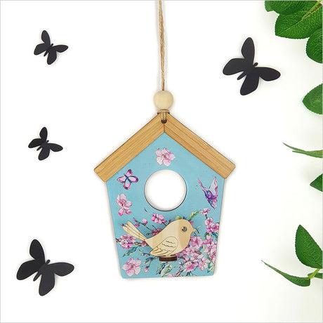 Blue Cherry Blossom Birdhouse Wall Art featuring laser-cut pine on durable MDF, perfect for home decor.
