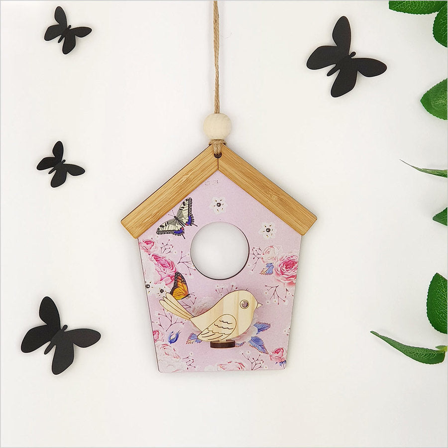 Birdhouse wall art featuring a pink rose design, made from laser-cut pine and durable MDF, ready to hang.