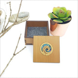 Small trinket box with vibrant NZ Paua inlay, Koru design, perfect for storing treasures and enhancing decor.