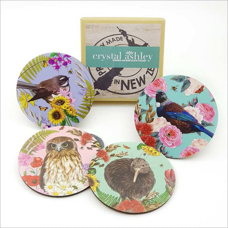 Beautiful floral coasters featuring NZ birds, 4mm thick MDF with cork base, perfect for protection and style.