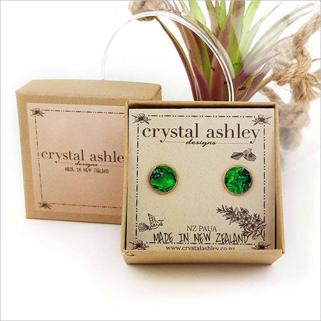 Stunning Green Paua Studs featuring vibrant greens and blues, set in rose gold, perfect for any occasion.