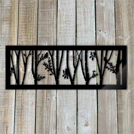 Large black forest wall art panel, 285mm x 790mmH, made of durable aluminum composite, suitable for indoor and outdoor decor.
