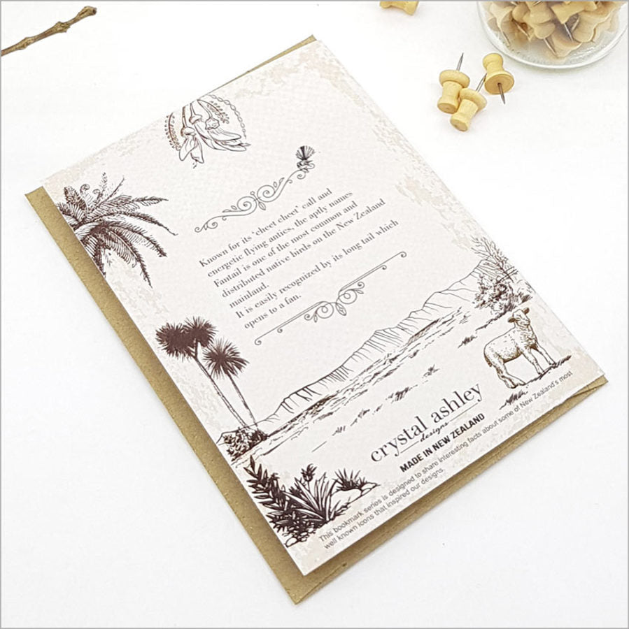 Vintage Ruru Morepork greeting card featuring stunning artwork and eco-friendly bamboo bookmark for nature lovers.