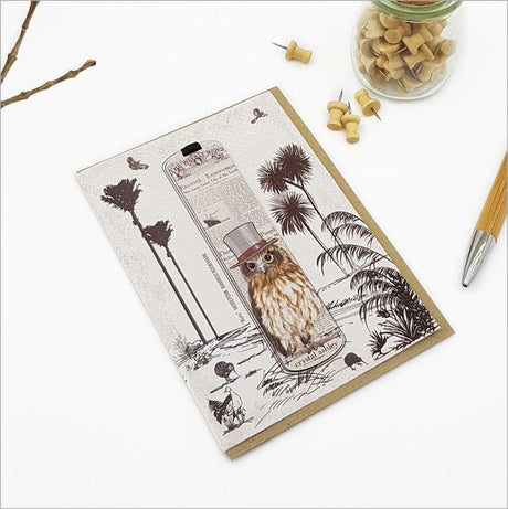 Vintage greeting card featuring a Ruru Morepork design with an eco-friendly bamboo bookmark, perfect for nature and book lovers.