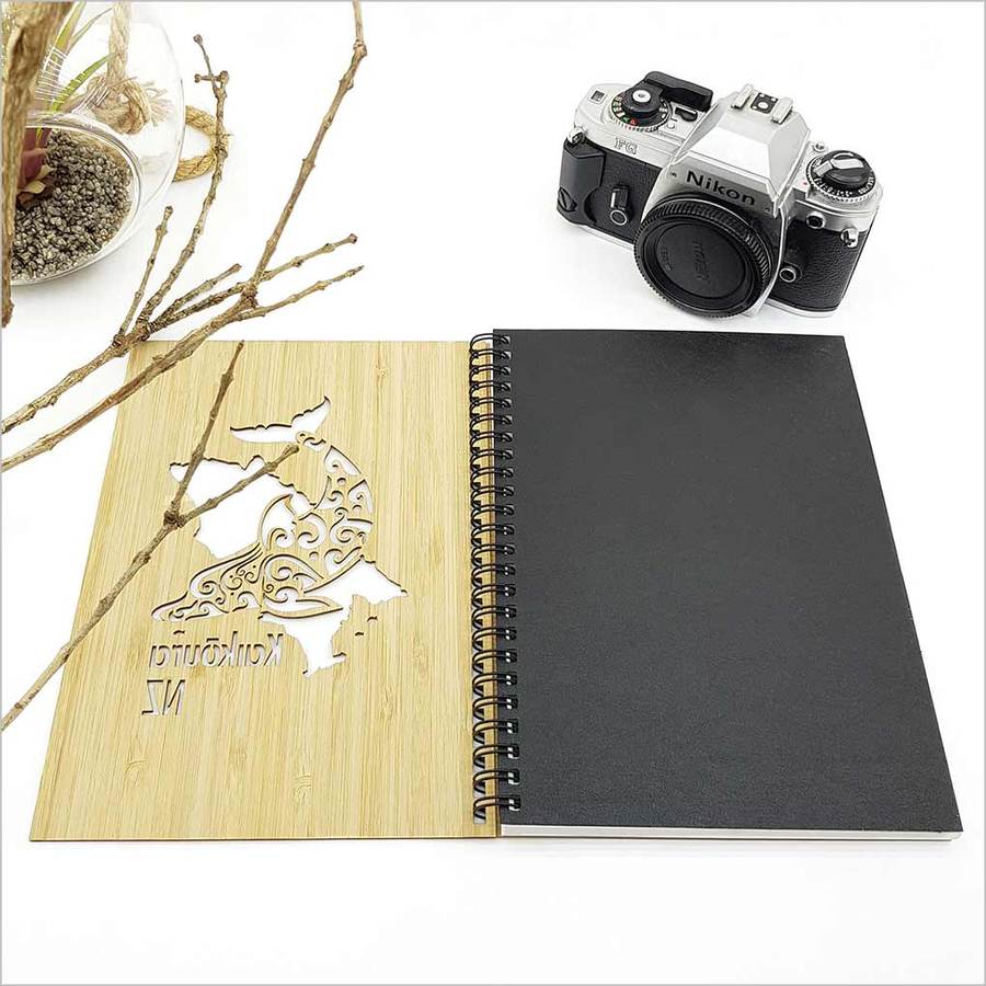 Eco-friendly Small Bamboo Journal: Kaikoura with laser-cut design, 110 pages, perfect for writing, sketching, and travel notes.