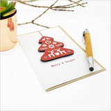 Merry & Bright greeting card featuring festive embellishments, premium textured card, and blank interior for personalized messages.