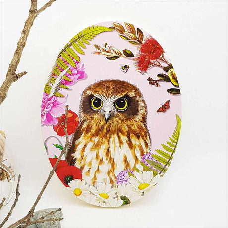 Kiwiana Wall Art featuring a floral design and Ruru Morepork, crafted from eco-friendly pine ply, ready to hang.