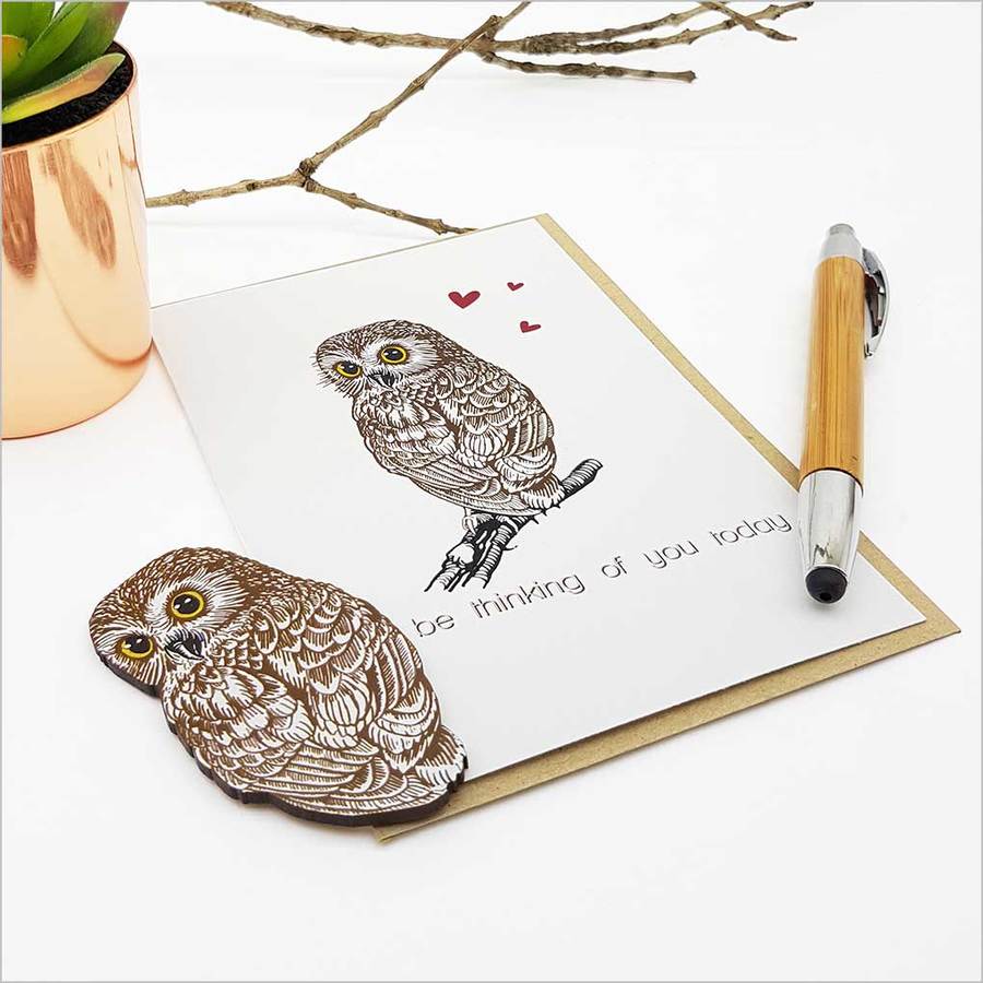 Owl Greeting Card with embellishment, perfect for sharing heartfelt messages, made in New Zealand on quality textured cardstock.