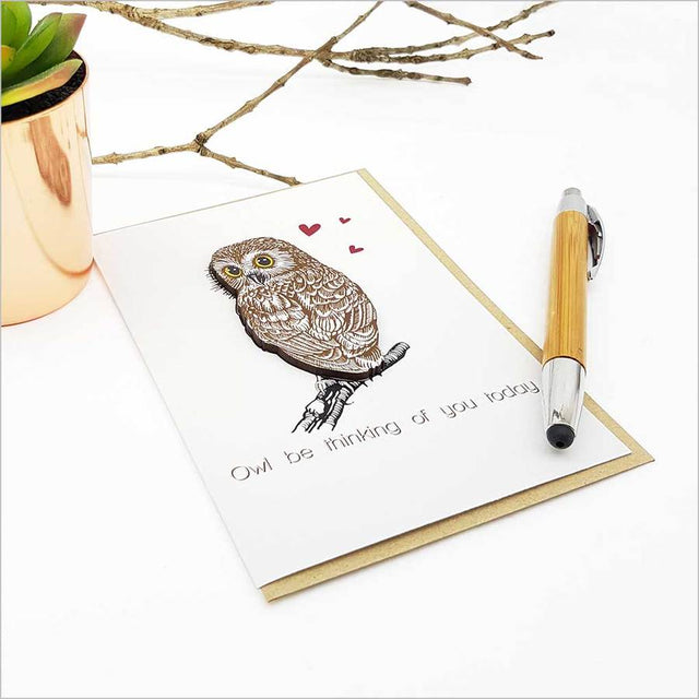 Owl embellishment greeting card, crafted in New Zealand, perfect for heartfelt messages and thoughtful connections.