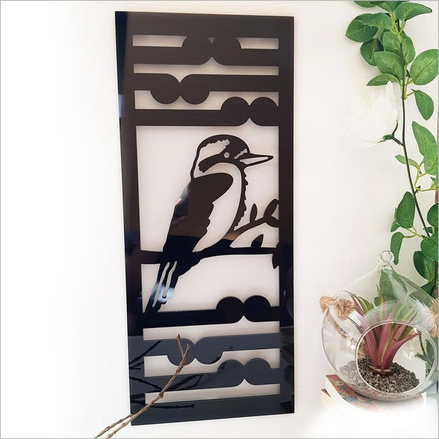 Kiwiana wall art panel featuring a Kingfisher and Koru, available in Black and Brushed Silver, suitable for indoor/outdoor use.