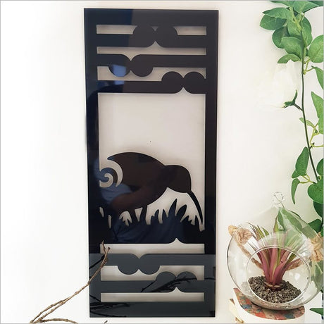 Kiwiana wall art featuring a Kiwi bird and Koru design, elegant, lightweight, suitable for indoor and outdoor decor.